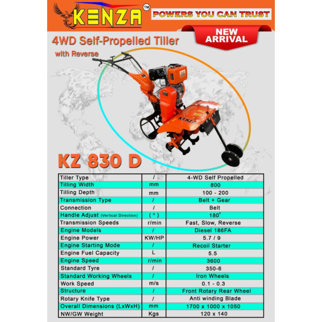 CULTIVATOR / MINI TILLER kENZA KZ830D (4WD DIESEL SELF PROPILED) LAHAN KERING & BASAH