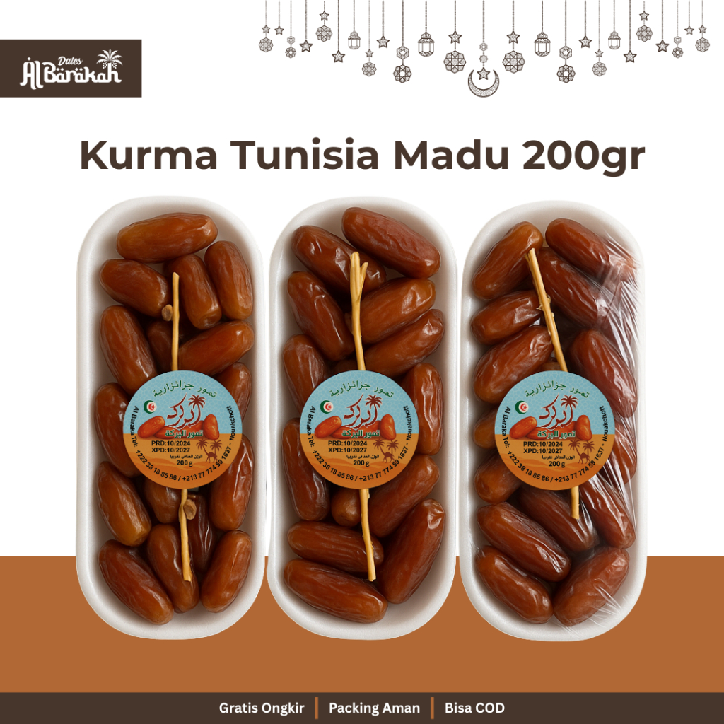 

Kurma Tunisia Madu Kemasan 200gr Albaraka Premium Dates Deglet Nour