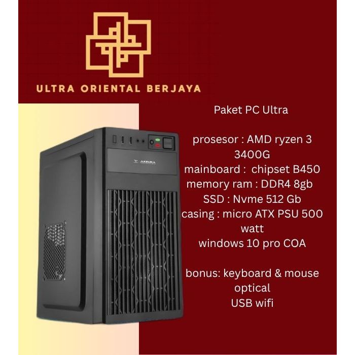 Paket PC Ultra AMD Ryzen 3 B450 Chipset DDR4 8gb SSD micro ATX PSU 500 Watt Windows 10 Pro