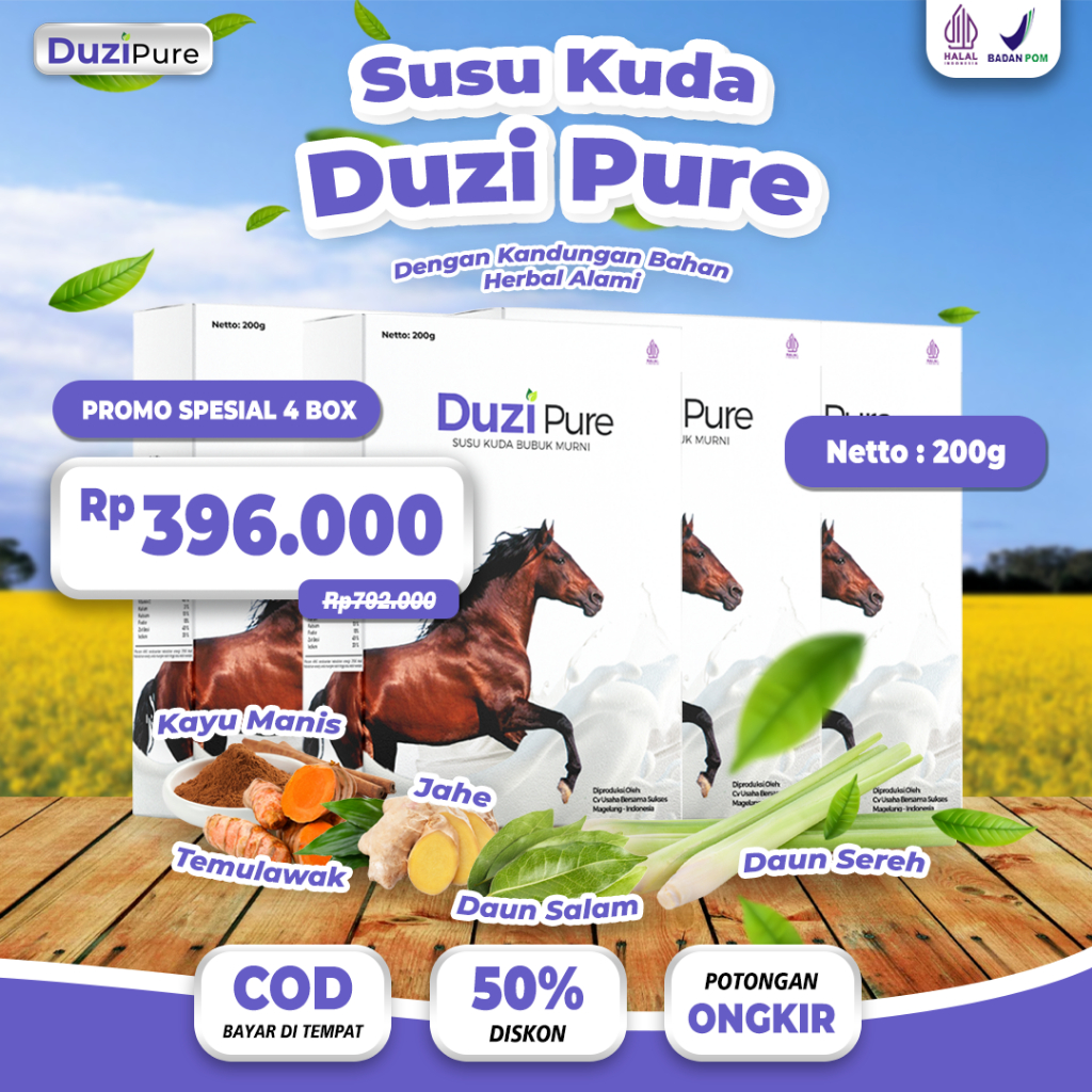 

Duzi Pure || Susu Kuda Sumbawa Bubuk 100% Original atasi masalah tulang || Paket 4 Box (800 gram)