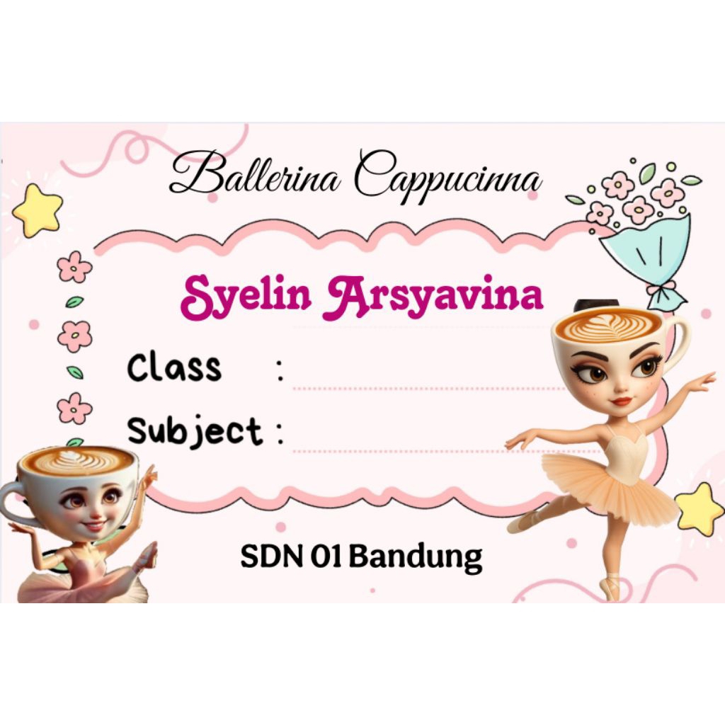 

(ISI 50 PCS) SUDAH ADA LEM STICKER LABEL BUKU SEKOLAH CUSTOM NAMA & FOTO MOTIF BALLERINA CAPUCINNA