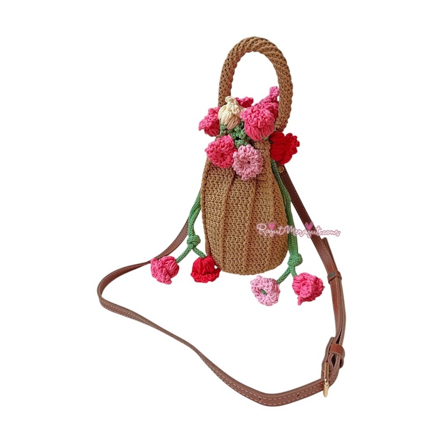 Tas Rajut Buket Bunga Lilly of the Vallley | Crochet Bucket Handbag Slingbag Lilly of the Valley | T