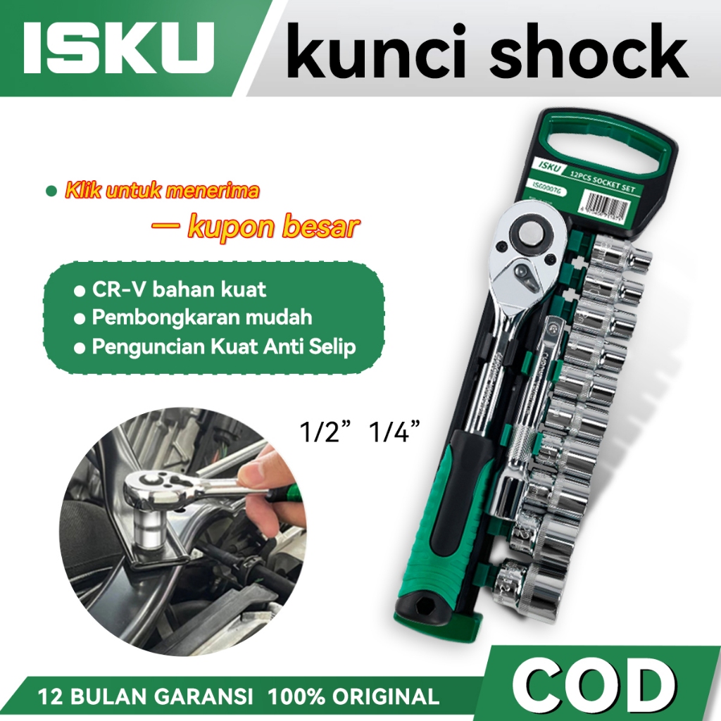 ISKU kunci sok shock set 12pcs Kunci shock 1/2 original mata sok kunci wrench ratchet set mata kunci