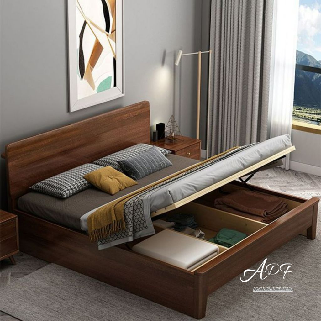 Dipan Hidrolik Dipan Minimalis Kayu Jati Perhutani Rangka Tempat Tidur