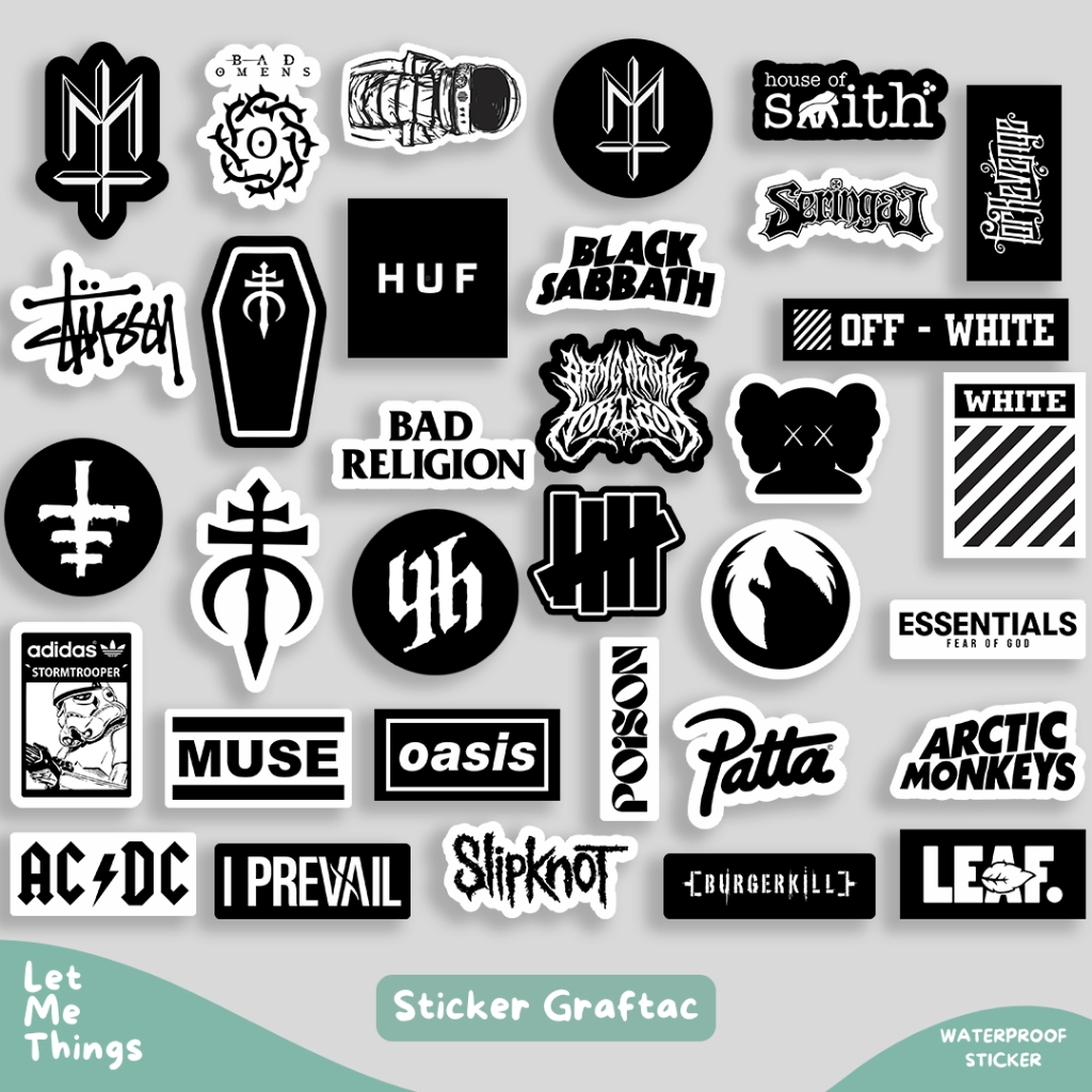 

33 stiker pack aesthetic band brand black white || stiker helm laptop case hp bmth slipknot oasis maternal