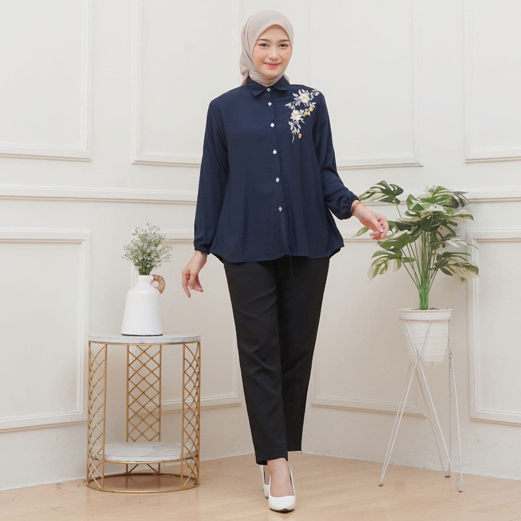 Atasan Kemeja Wanita Bordir Rayon Twill Motif Bunga / Kemeja Wanita Basic Lengan Panjang Rayon / Blo