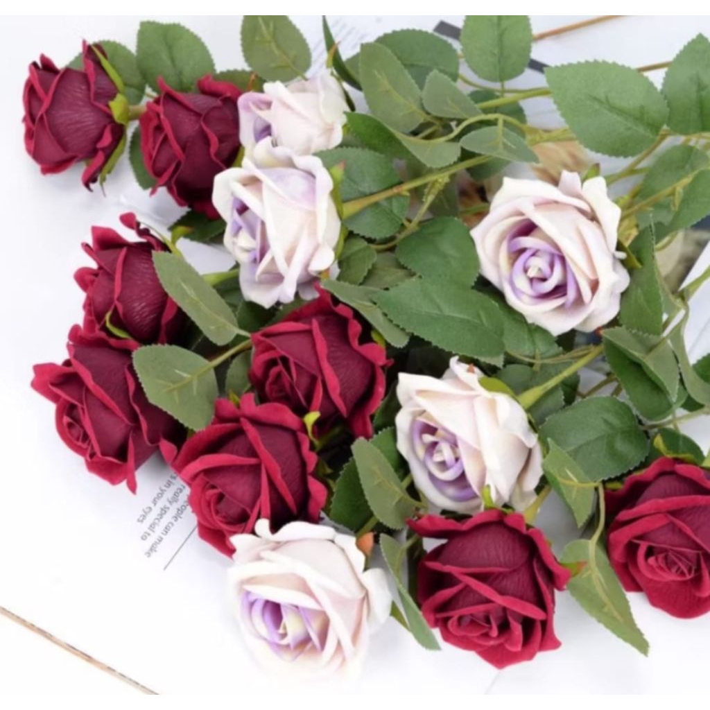 BUNGA MAWAR ARTIFICIAL BLUDRU 1 TANGKAI - BUNGA MAWAR ARTIFICIAL DEKORASI - BUKET BUNGA MAWAR ARTIFI