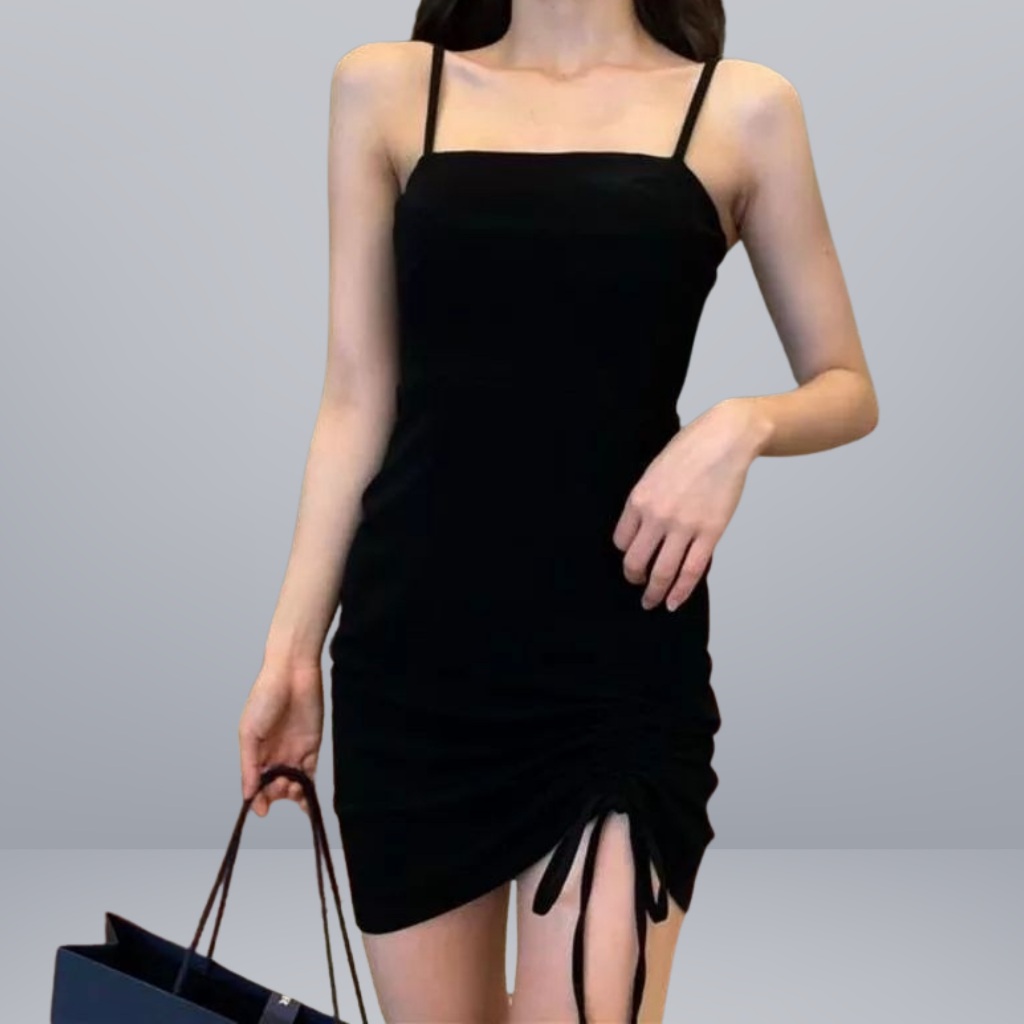 Dress Mini Bodycone Tali Serut Korean Style Dress Sexy Wanita Spandek Soft