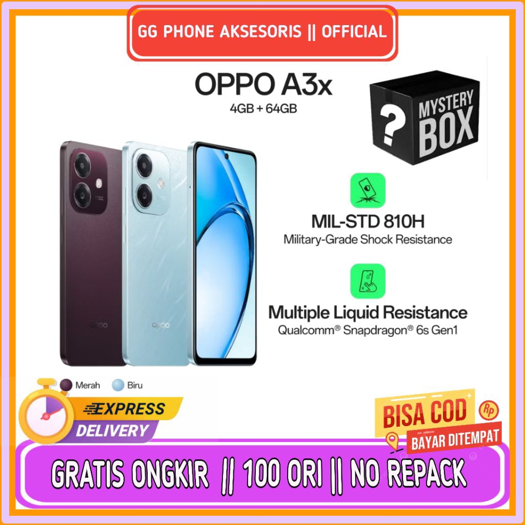 OPPO A3x 4GB(+4GB)/64GB (Blue) [45W SUPERVOOC, Qualcomm® Snapdragon® 6s 4G Gen1 Garansi resmi,termur