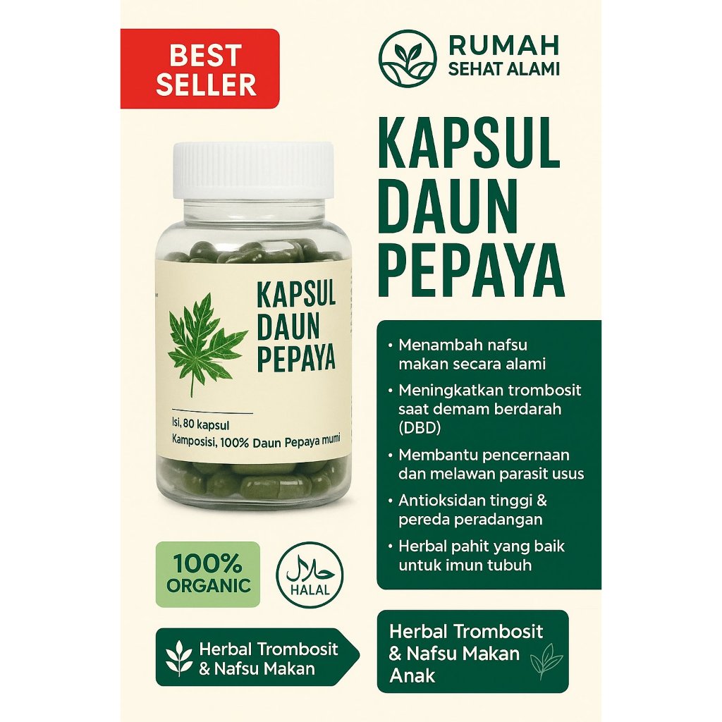 

KAPSUL DAUN PEPAYA – HERBAL ALAMI UNTUK MENAIKKAN TROMBOSIT & MELANCARKAN PENCERNAAN