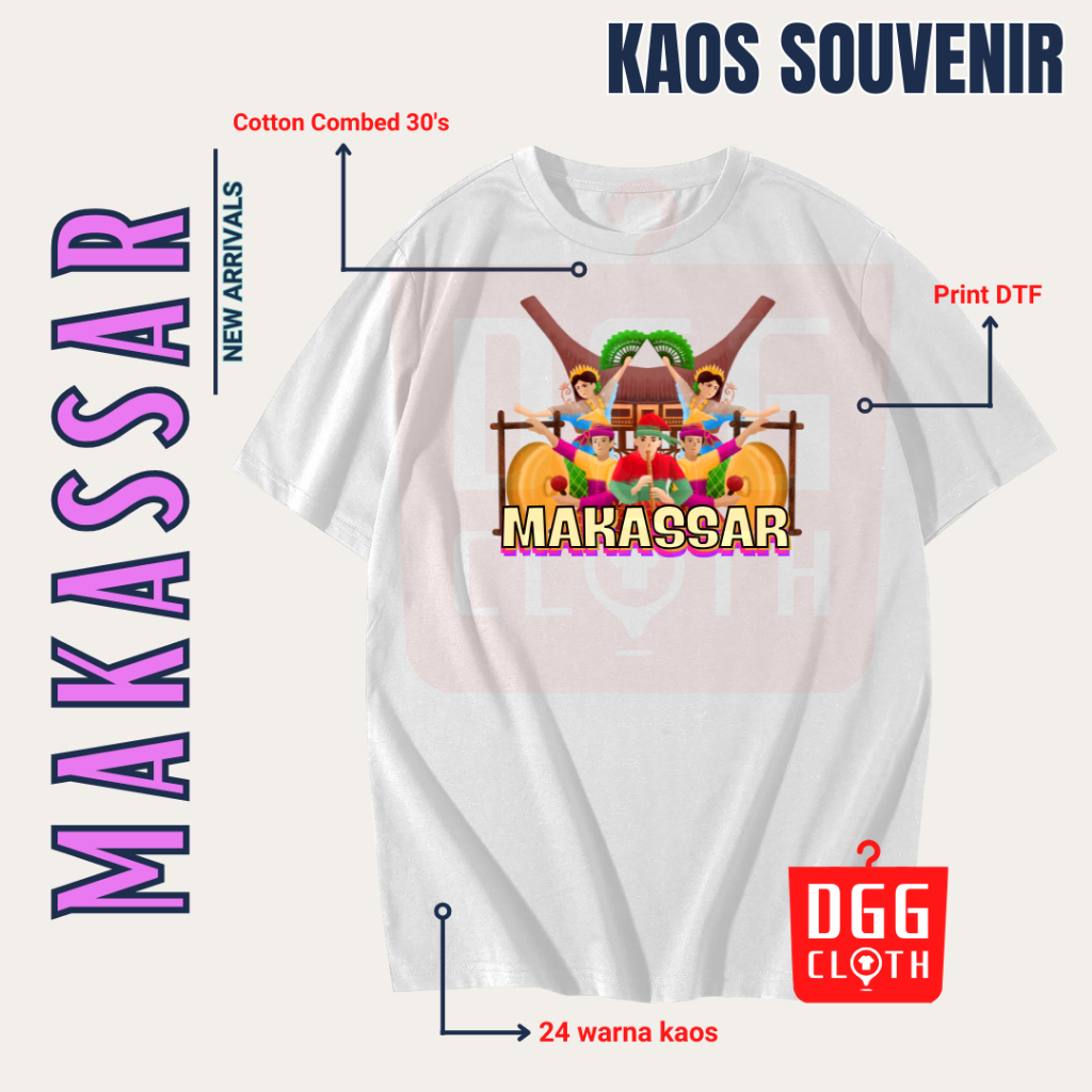 DGG Kaos Oleh-Oleh Makassar White Tshirt Baju Souvenir Kota Makassar Dewasa Anak Type 2