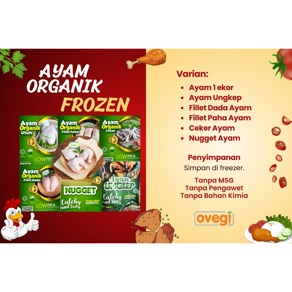 

Ayam Organik Utuh/Ceker/Paha Fillet/Dada Fillet/Daging Giling/Nugget/Tulang Ayam