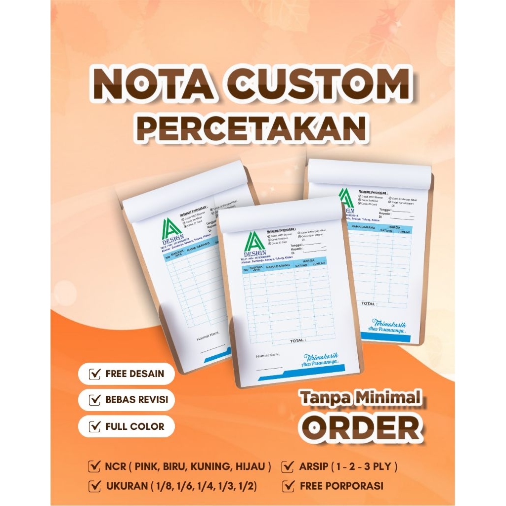 

CUSTOM NOTA PERCETAKAN | NOTA FOTOKOPIAN | NOTA OFFSET | NOTA DIGITAL PRINTING | NOTA CETAK CUSTOM | NOTA CUSTOM JOGJA | NOTA ECERAN SLEMAN | TANOA MINIMAL ORDER | FREE DESAIN