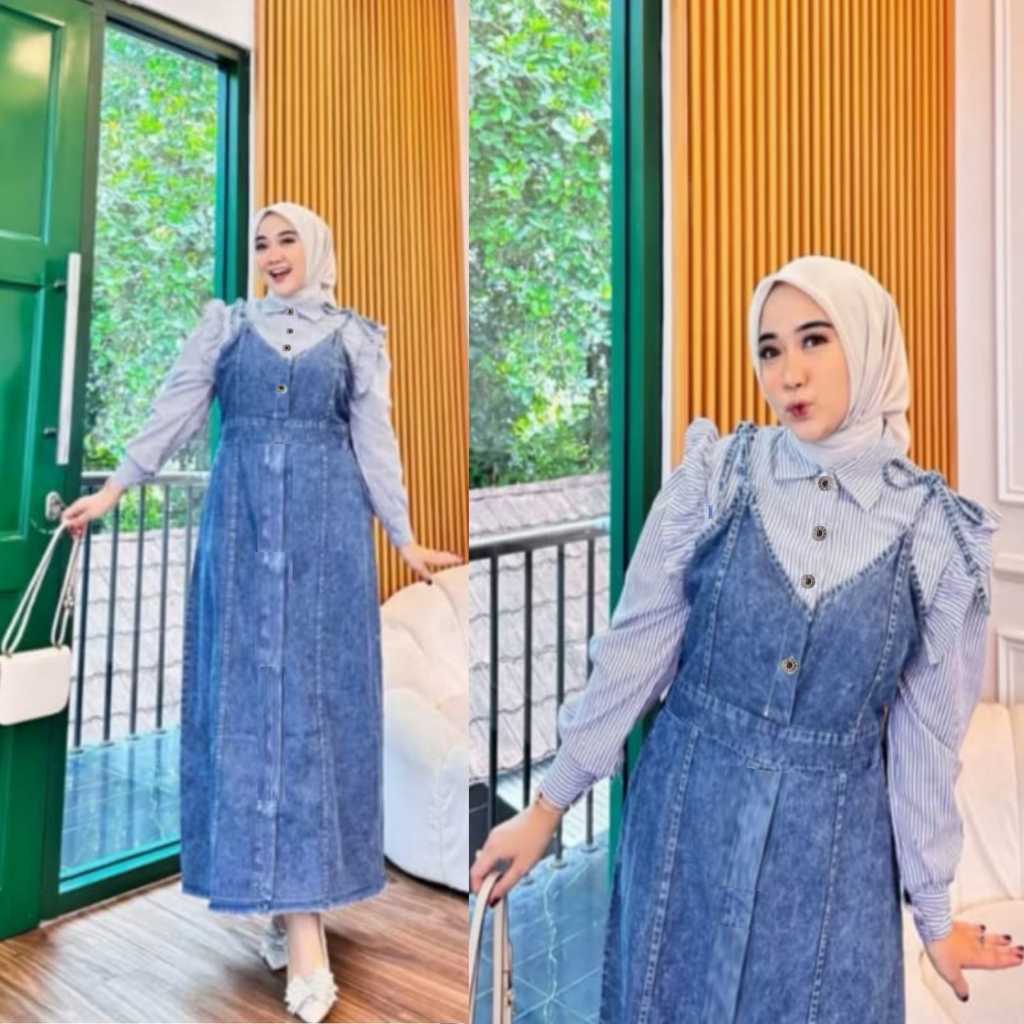 Set Dress Denim Hijab Wanita Remaja – Gaya Korean Look Elegan Kasual