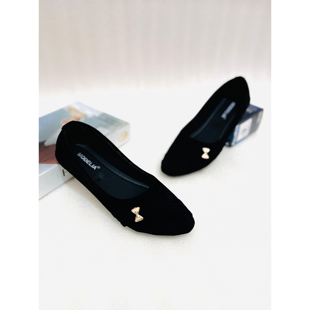 Sepatu wanita-Balet Flay Shoes Pita kecil Kerja Karet Hitam