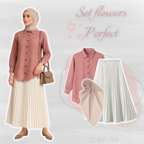 Spesial One Set Hijab|Ootd Treand HIjbers|Korean Style Laura Kemeja Bordir+Rok Plisket+Bella square