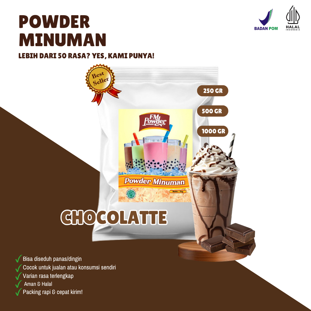 

CHOCOLATTE - Bubuk Minuman Powder Varian Rasa Coklat - FM POWDER Kemasan 250gr, 500gr, dan 1000gr(BPOM&HALAL)