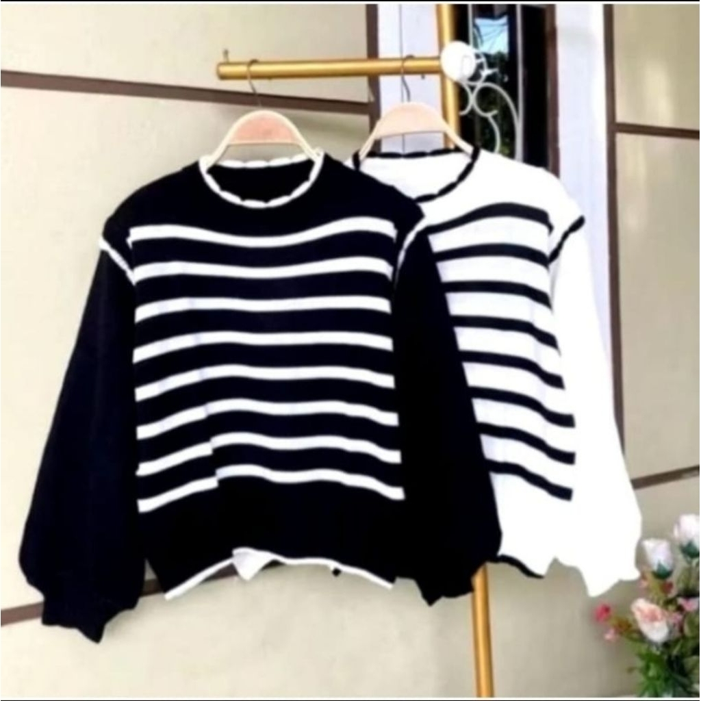 Blouse Rajut Import Motif Salur Model Tangan Balon, ALL Size, Produk Real Picture (Ld 120cm+, Tb 57c