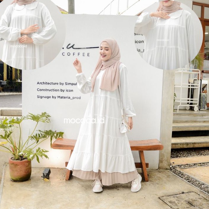 Terlaris midi dress susun kerah rayon twill premium hitam putih babydoll long tunik babyblue