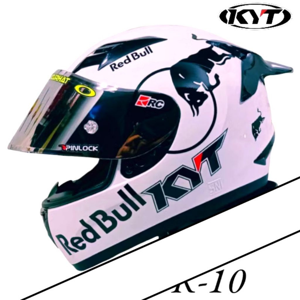 Helm Full Face Kyt  R10 Solid White Red Bull Paket Ganteng
