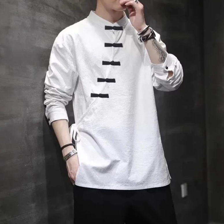 KODE J1Y Cheongsam Pria Style Tali Samping Katun HitamPutihNavy