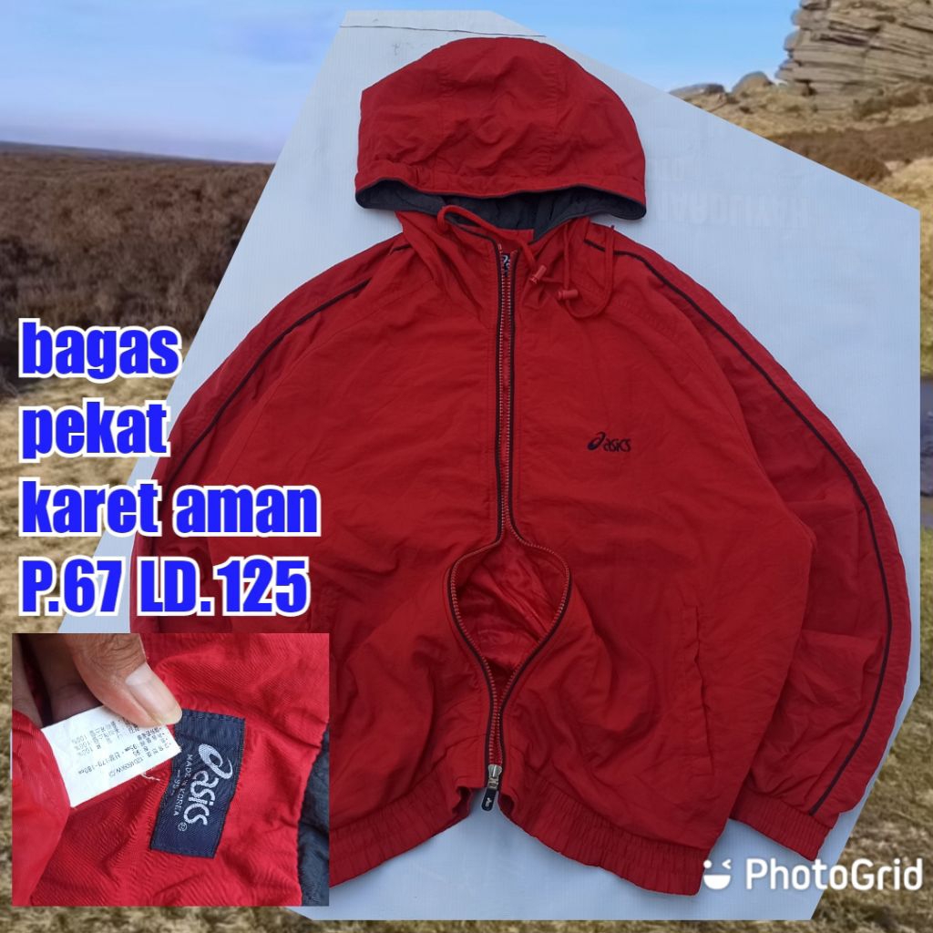 jaket gunung outdoor windbreaker vintage asics merah
