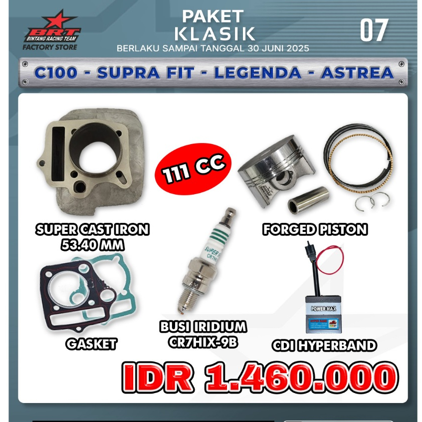 PROMO PAKET KLASIK BRT/ BLOK CAST IRON/ PISTON/ GASKET/ BUSI IRIDIUM/ CDI HYPERBAND BRT/ C100/SUPRA 
