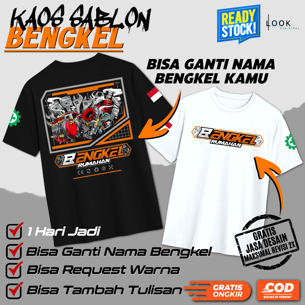 BAJU KAOS SABLON CUSTOM BENGKEL RUMAHAN BISA REQUEST GANTI NAMA BENGKEL KAMU