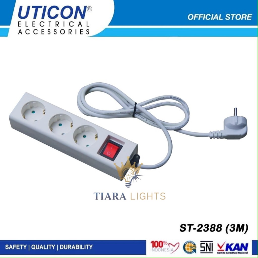 UTICON | Stop Kontak 3 Lubang + Saklar + Kabel 3 Meter (Uticon ST-2388)