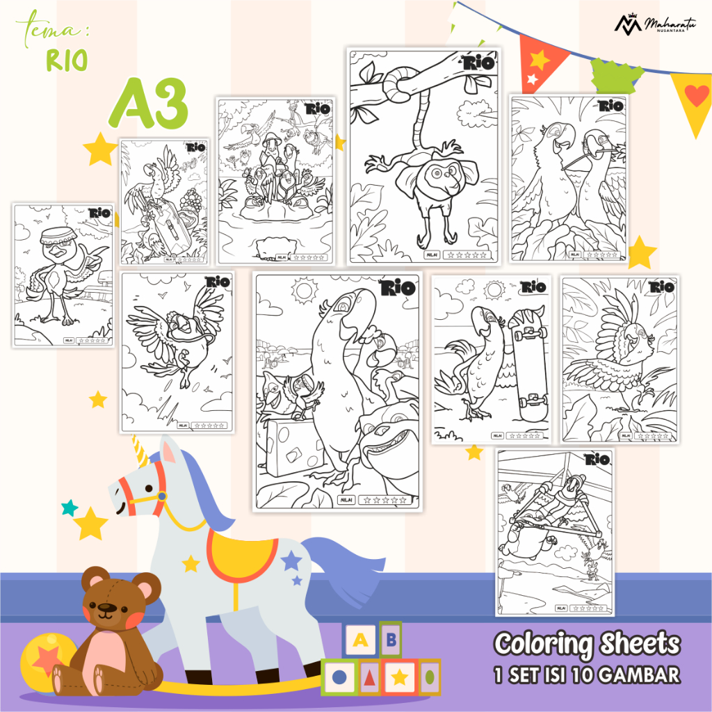 

[RIO A3] LEMBAR GAMBAR ANAK PAUD/TK - KERTAS MEWARNAI UNTUK ANAK - COLORING SHEETS READY STOCK