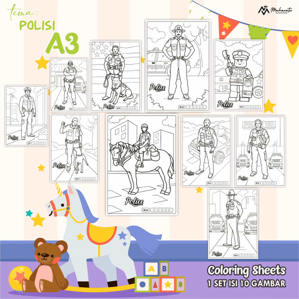 

[A3] LEMBAR GAMBAR ANAK - KERTAS MEWARNAI TEMA POLISI 1 SET - COLORING SHEETS