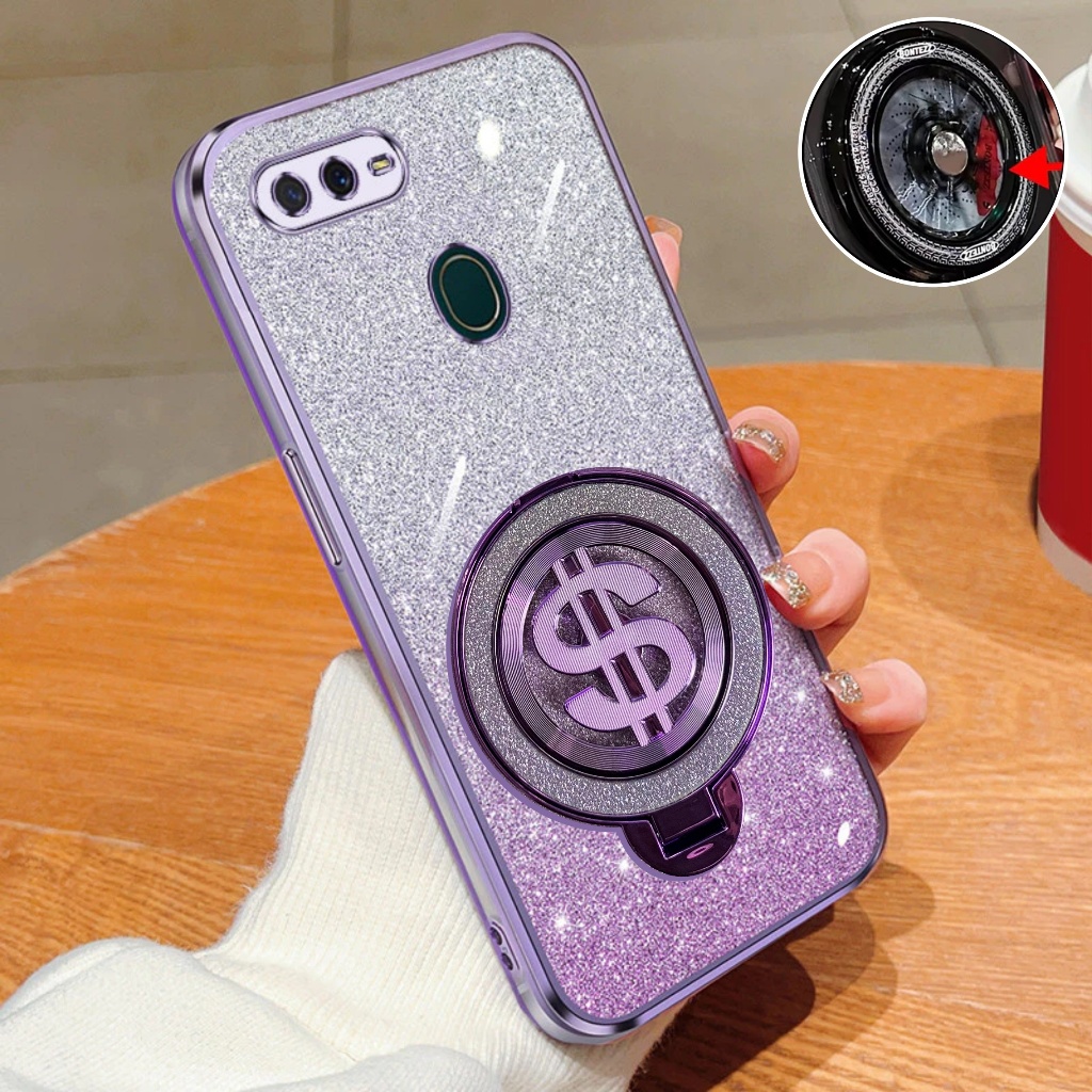 Case Hp Oppo F9 A12 A7 A5s Glitter Dollar Ring Stand Support Wireless Charging