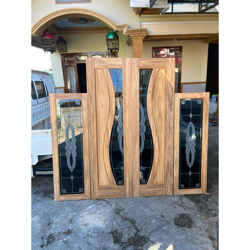 PINTU KUPU TARUNG KAYU JATI KACA MOTIF 120cm x 200cm