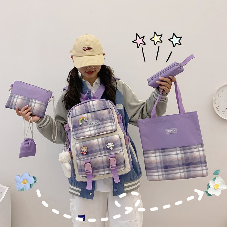 QH TFT AX837 TAS RANSEL 5IN1 SEKOLAH IMPORT BACKPACK SEKOLAH SET WARNA LILAC SCHOOLBAG BACK TO