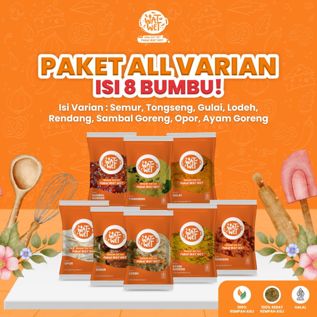 

WAT WET - Paket Bumbu Basah Sat Set 8 pcs Isi 8 Varian | Bumbu Instan Siap Pakai Praktis 100% Bahan Alami
