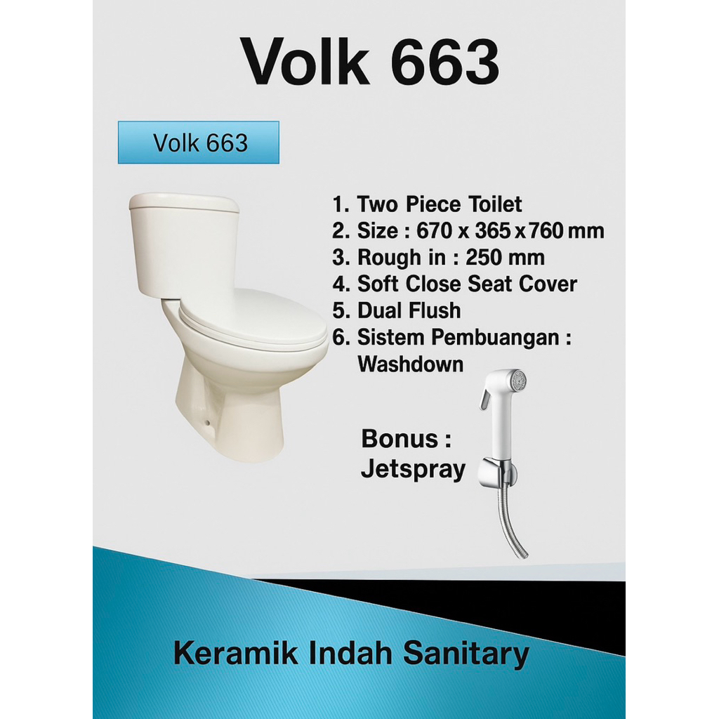 Closet Duduk Murah Volk 663 jarak as 25cm Bonus Jetspray