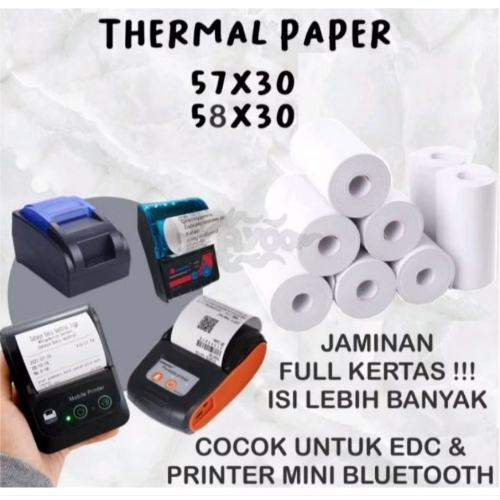

kertas struk kasir thermal 58x30 / 57x30mm full coreless tanpa tulang EDC