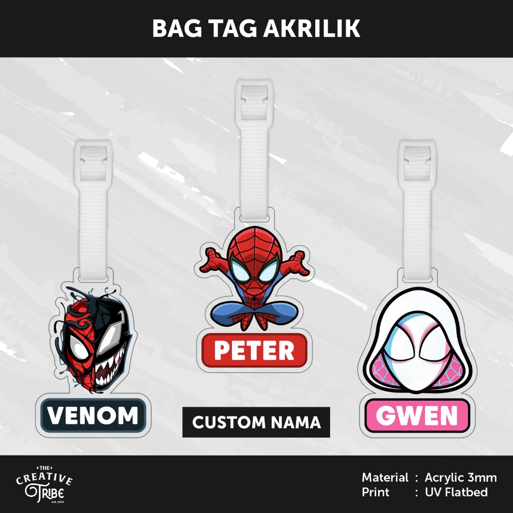 Bag Tag Custom Nama - Spider man Akrilik 3mm -Gantungan Tas Koper Luggage Spiderman Miles Gwen
