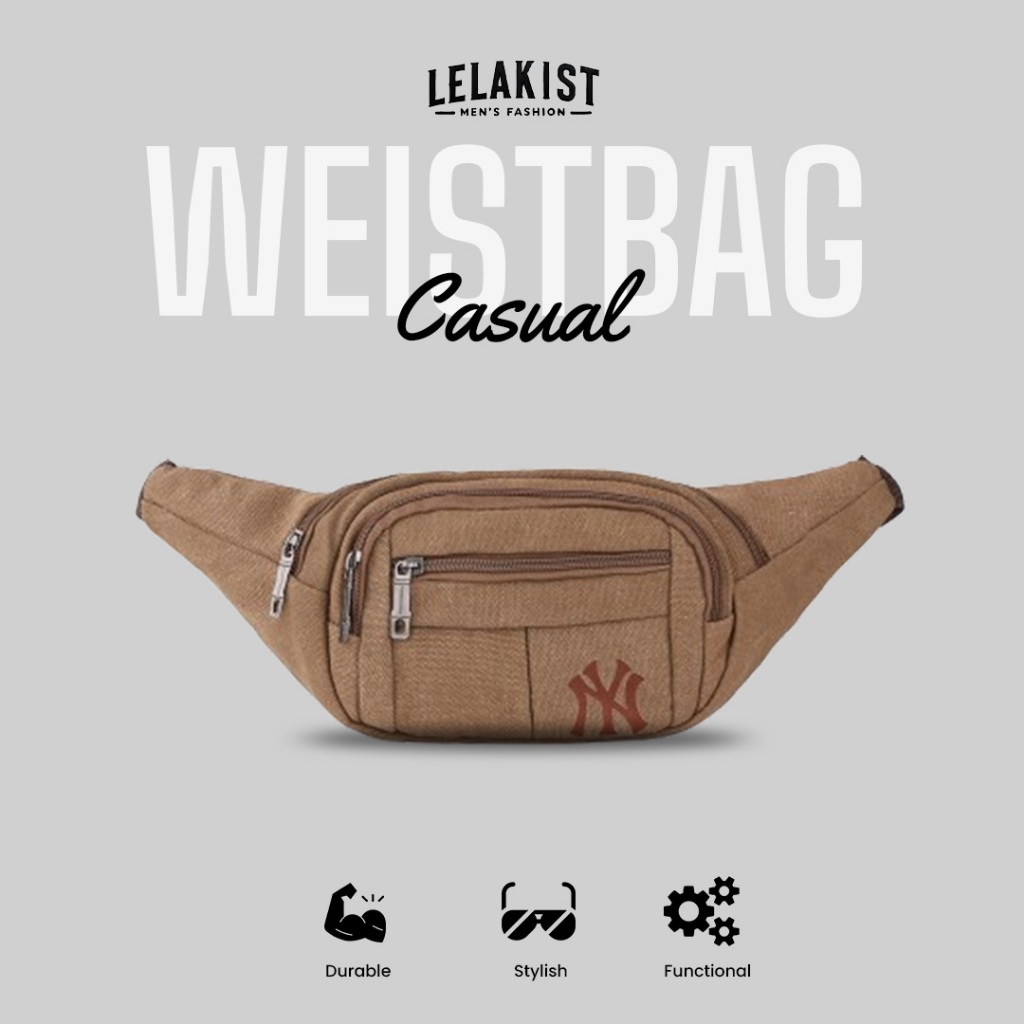 Waistbag Kanvas Pria Coklat Keren Simpel Tahan Lama – Muat HP Dompet Kunci & Stylish Outdoor