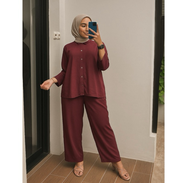 One Set Polos Oversize Terbaru Rayon Twill Premium Setelan Kemeja Kulot Wanita Kekinian