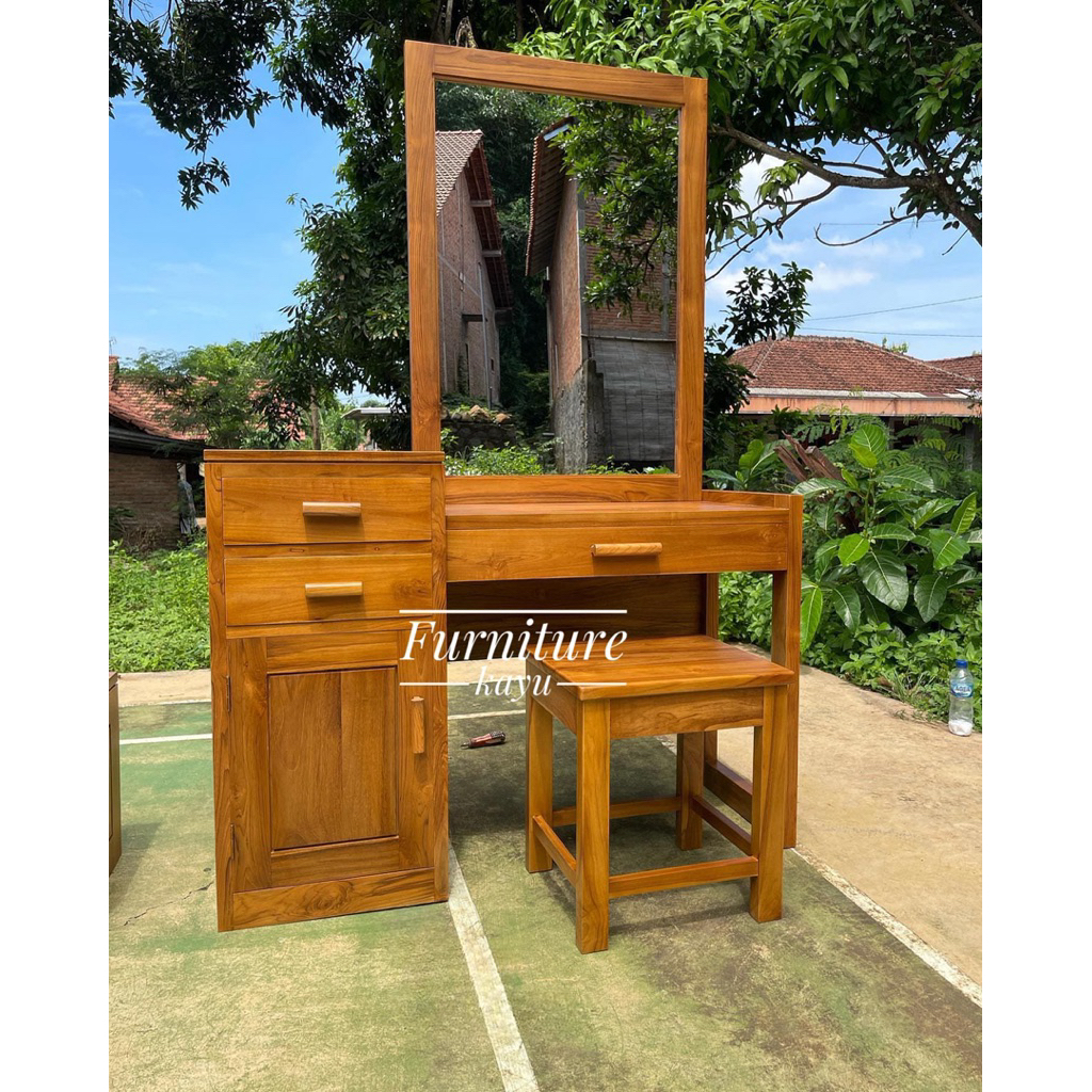 meja rias minimalis estetik, meja rias kayu jati minimalis, meja rias