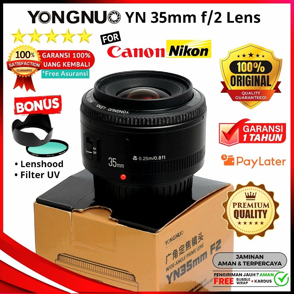 Lensa Wide Angle Yongnuo YN 35mm f/2.0 Fix Lens for Canon Nikon DSLR APSC & Full Frame - Terbaik Mul