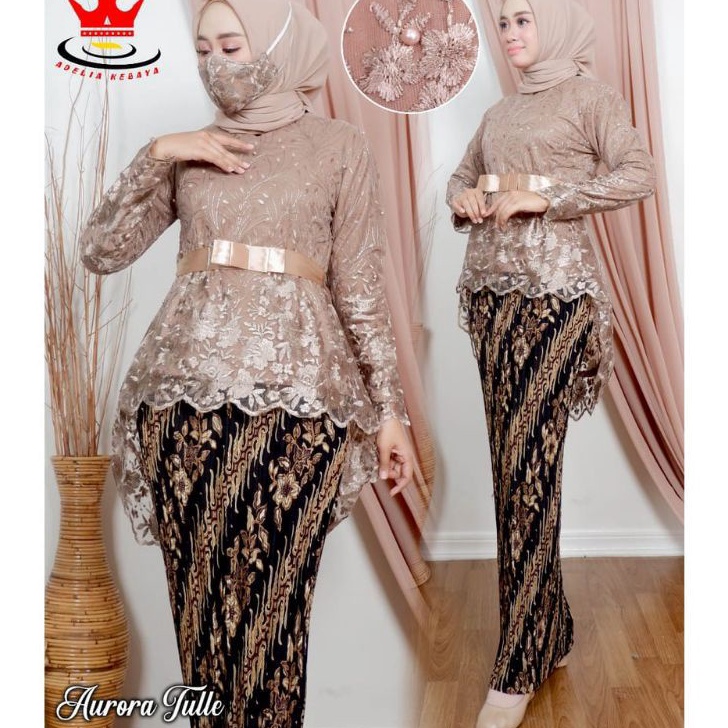 COD Setelan Kebaya Aurora Tille Model Pingwin Mix Rok Plisket Batik Panjang Dewasa Ukuran Jumbo Baju