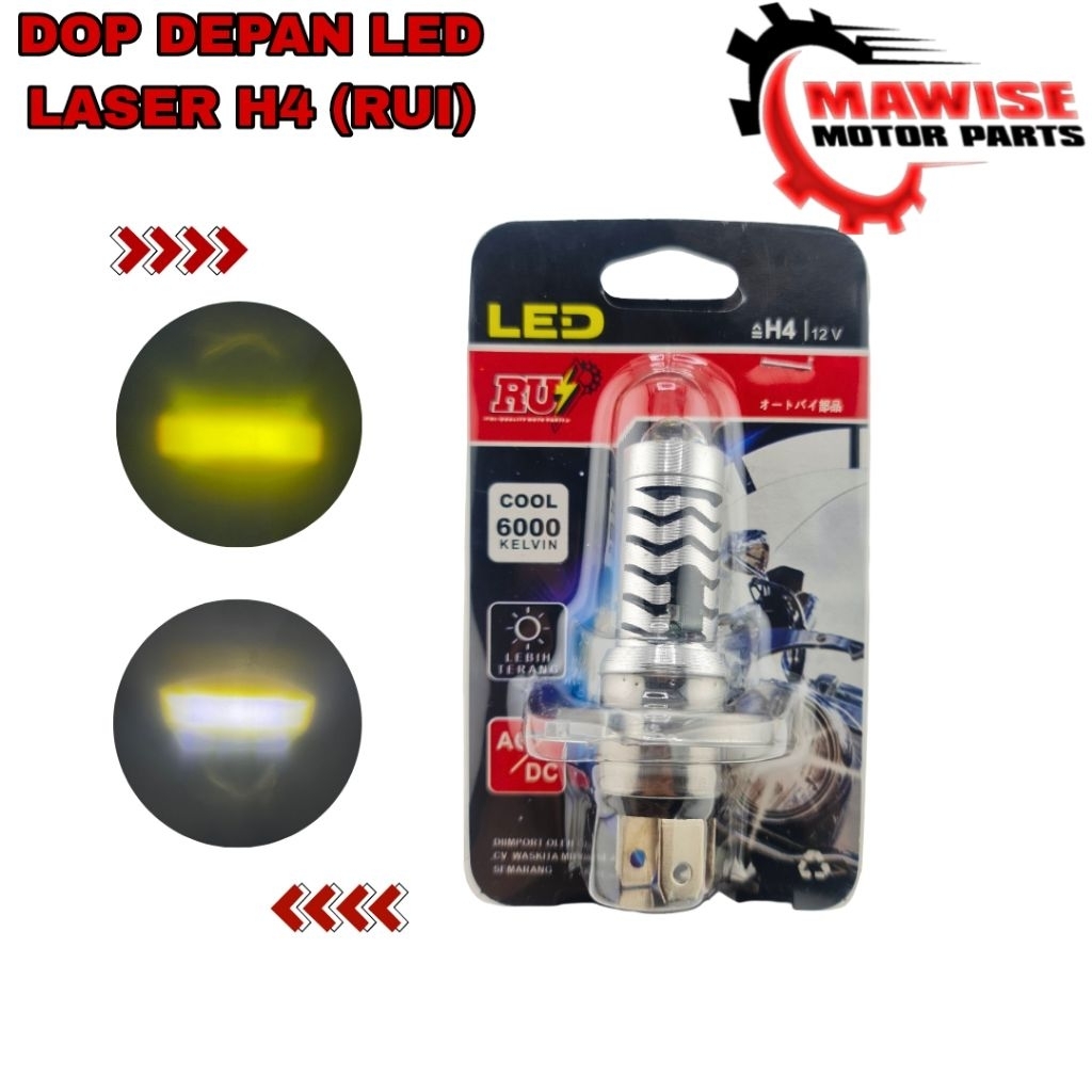 BOHLAM DOP DEPAN LED LASER H4 (RUI) - Lampu Utama LED Laser Gun Motor AC DC Lasergun H4 Senja Biru 2