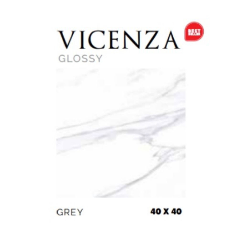 KERAMIK MERK ASIA TILE TIPE VICENZA GREY UKURAN 40X40 WARNA LATAR PUTIH CORAK MOTIF MARBLE ABU PERMU