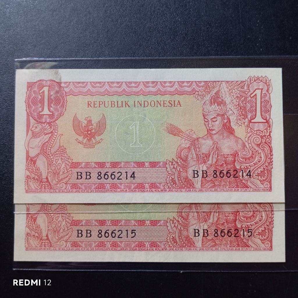 prefik BB 2 lembar urut uang kertas 1 rupiah sukarno tahun 1964 seperti baru utuh asli