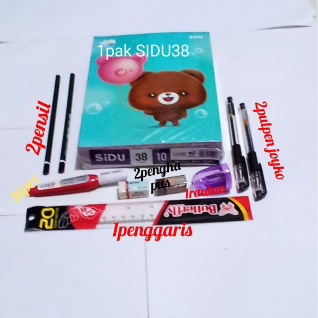 

paket lengkap sekolah:1pak buku, 2pensil, 2penghapus, 2tipex, 2pulpen dan 1penggaris