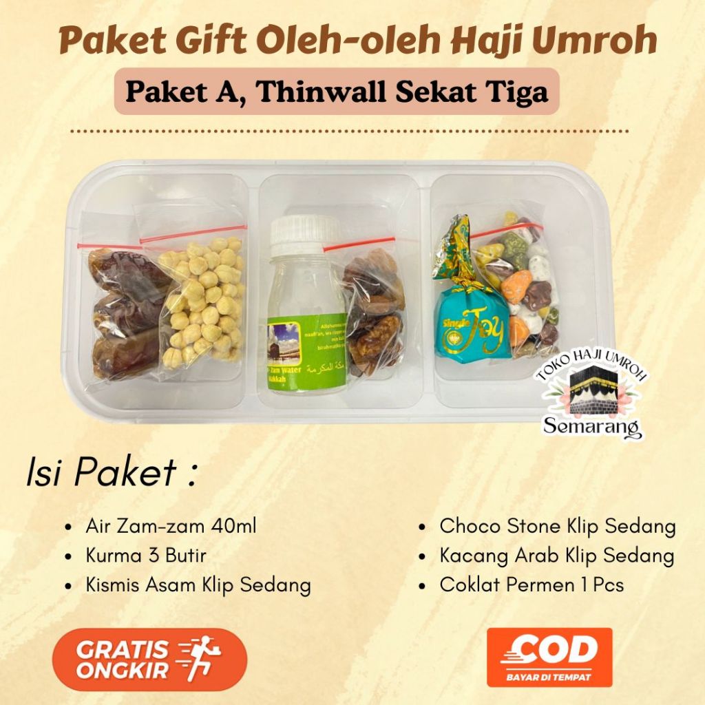 

Oleh-oleh haji dan Umroh Paket Gift Sekat Tiga Ekonomis Murah Mewah Makanan Khas Arab Timur Tengah