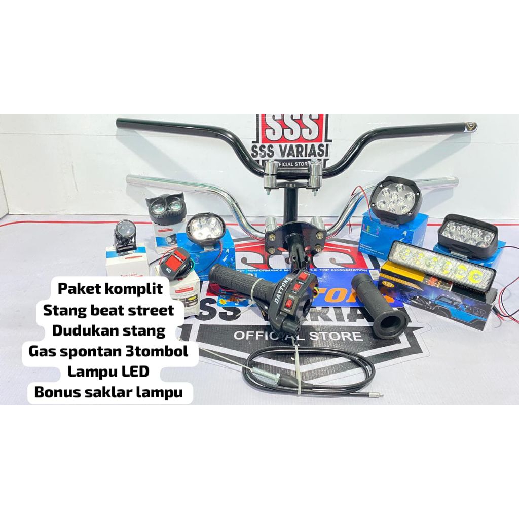 Paket komplit stang beat street daytona+dudukan stang+Gas spontan 3tombol+lampu LED+bonus saklar lam