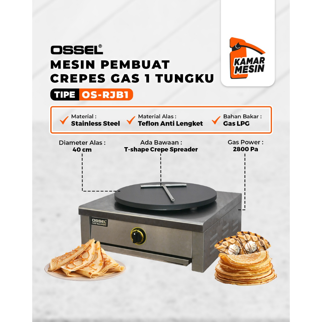 OSSEL Gas Crepes Maker Gas Crepes Baker Mesin Pembuat Crepes Gas 1 Tungku OS-RJB1 Gratis T-Spreader 